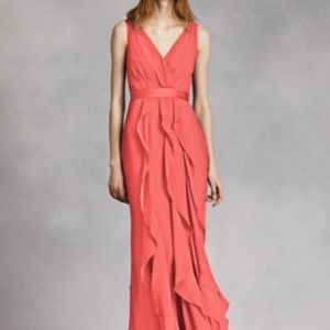 David's Bridal V-Neck Wrapped Bodice Dress with Satin Belt in Sunset